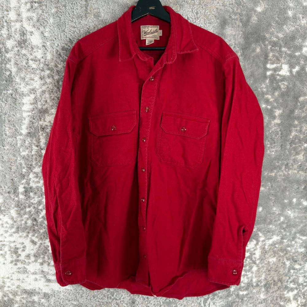 Woolrich Sz L Chamois Flannel Outdoor Rugged Button Up Shirt Red Long Sleeve Men